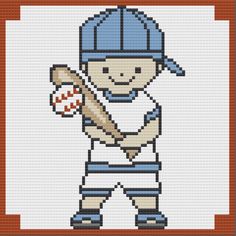 a cross stitch baseball player holding a bat