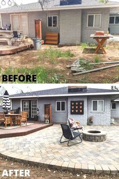 before and after pictures of a backyard patio