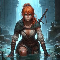 a woman with red hair and green eyes is sitting in the water holding two swords