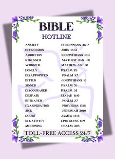 a purple and white poster with the words bible hotline on it's side