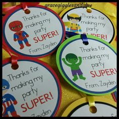 spiderman birthday party tags with the words thank you for making my super hero on them