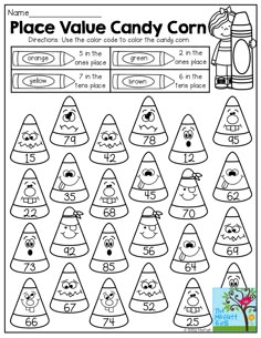 the place value candy corn worksheet for kids to practice counting and addition skills