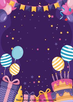 a birthday card with presents and balloons in the air, on top of a purple background