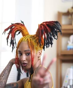 Dyed Dreadlocks Women, Two Tone Locs Black Women, Multicolored Locs, Colorful Locs Black Women, Dreadlock Colors, Colored Locs Black Women, Yellow Hair Color Ideas, Dyed Locs Ideas, Braid Hacks