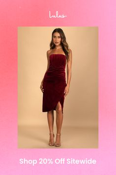 Grab a glass of bubbly and get ready to celebrate all night in the Lulus Glamorous Celebrations Wine Red Velvet Strapless Tulip Dress! Slightly stretchy velvet shapes this luxe dress that has a strapless neckline (with no-slip strips) and a boning-supported bodice. A high waist tops an overlapping tulip skirt that ends at a knee-grazing hem. Hidden back zipper/clasp. Fit: This garment fits true to size. Length: Knee Length. Size medium measures 36.5" from top to bottom. Bust: Great for any cup size. Waist: Fitted - very fitted at natural waist. Hip: Fitted - stretchy fabric allows room for hips. Undergarments: May be worn with a strapless bra, adhesive bra, petals, or no bra. Fabric: Fabric has some stretch. Dress Measures 8" Longer At Back. Lined to mid-thigh. Shell: 94% Polyester, 6% Spa Cocktail Velvet Midi Dress, Elegant Velvet Dress For Date Night, Elegant Velvet Midi Dress For Night Out, Velvet Midi Party Dress, Elegant Velvet Midi Dress For Date Night, Velvet Knee-length Dress For Night Out, Chic Velvet Midi Dress For Date Night, Glamorous Velvet Strapless Dress, Evening Strapless Velvet Dress