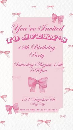 a pink birthday party card with bows on it