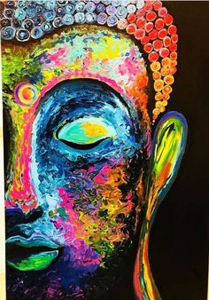 an abstract painting of a buddha head with many colors and shapes on it's face