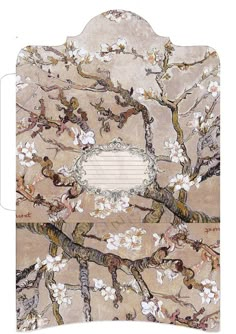 an artistic painting with white flowers and branches on beige paper, which is cut out to look like a tree