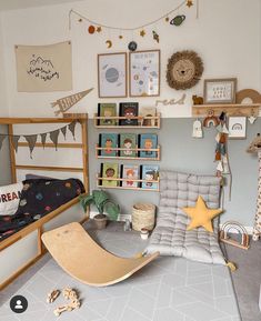 a child's bedroom with toys and decor on the walls