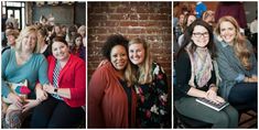 three women are smiling and posing for the camera in front of a brick wall with other people