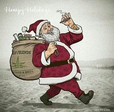 a man dressed as santa claus carrying a bag of presents on the beach with his hand