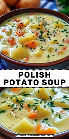 two pictures of potato soup with carrots and parsley