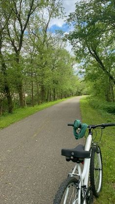 a bicycle parked on the side of a road next to some grass and trees in the background