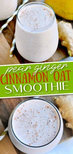 two glasses filled with cinnamon oat smoothie on top of a wooden cutting board