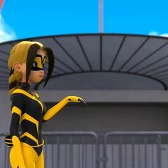 a cartoon character dressed in yellow and black is posing for the camera with her hand on her hip