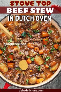 a pot full of beef stew with carrots and parsley in it, on top of