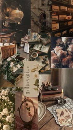 a collage of photos with flowers and books