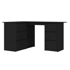 a black desk with two drawers and one drawer on the bottom, in front of a white background