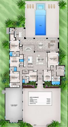 an aerial view of the floor plan for a house with swimming pool and outdoor living area