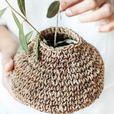 a person holding a crocheted vase with a plant in it