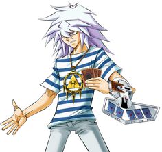 an anime character with purple hair and glasses holding a card in one hand while wearing a striped shirt