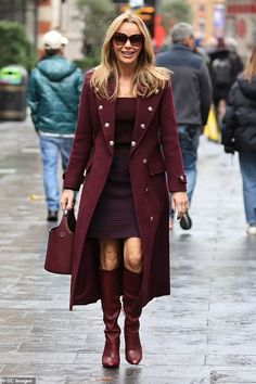 Amanda Holden cuts a stylish figure in burgundy knee high boots as she departs Heart FM | Daily Mail Online Short Rain Boots Outfit, Leather Knee High Boots Outfit, Suede Knee High Boots Outfit, Pink Capsule Wardrobe, Botas Outfit, Suede Boots Outfit, Platform Boots Outfit