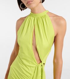 Merle Cutout Halterneck Dress in Green - Rotate Birger Christensen | Mytheresa Party Halter Dress With Keyhole Back, Green Stretch Halter Neck Dress, Stretch Backless Midi Dress With Back Opening, Elastane Tie-back Dress For Night Out, Summer Halter Neck Maxi Dress In Elastane, Summer Elastane Backless Dress For Night Out, Night Out Halter Neck Dress With Cutout, Cutout Halter Neck Dress For Evening, Stretch Backless Dress With Tie Back