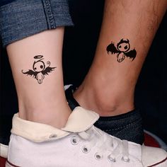 two people with matching tattoos on their feet