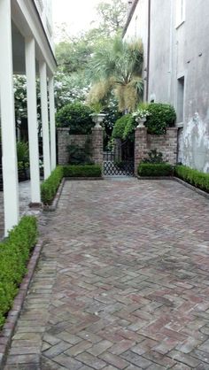 an empty brick walkway between two buildings