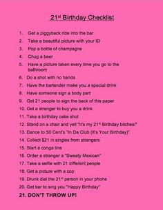 a pink birthday checklist with the text 21st birthday checklist