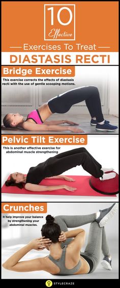 the 10 exercises to treat diastasis and reduce back pain info poster with instructions