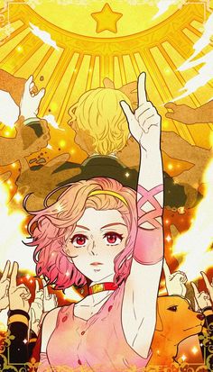 an anime character with pink hair holding her hand up in the air, surrounded by other characters