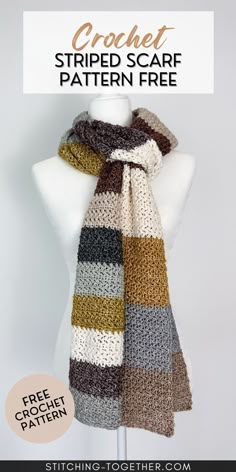 the crochet striped scarf pattern is shown on a mannequin torso with text overlay that says, free crochet striped scarf pattern