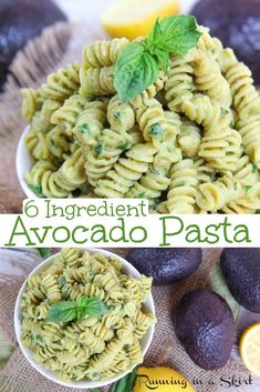 avocado pasta with basil and lemon in two bowls