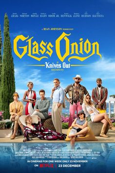 the glass onion movie poster with many people posing for a group photo in front of a pool