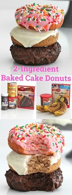 two ingredient baked cake donuts with pink frosting and sprinkles on top