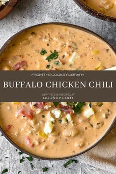 two bowls filled with buffalo chicken chili