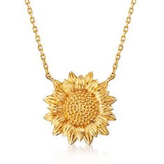 Ross-Simons - 14kt Yellow Gold Sunflower Necklace. 18". This delightful necklace is as beautiful as a summer day! In textured and polished finishes, our 14kt yellow gold necklace will brighten your look. Cable chain with a 2" extender. Springring clasp, 14kt yellow gold sunflower necklace. Yellow Gold-plated Necklace With Flower Charm, Sunflower Pendant Gold, Sunflower Jewelry Inspire Uplift ⭐, Yellow Flower Pendant Necklace With Sunflower Design, Elegant Sunflower Pendant Necklace, Golden Sunflower, Sunflower Necklace, Yellow Gold Necklace, Yellow Sunflower