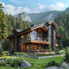 this is an artist's rendering of a modern house in the mountains with trees and rocks