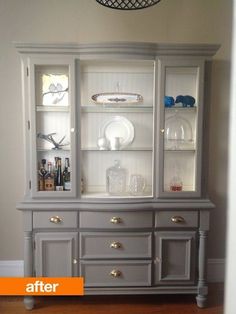 before and after pictures of a hutch with glass doors, the bottom half has been painted white