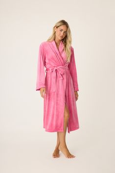 Women's 3/4 length fuschia robe in velvety velour. Self belt & comfy patch pockets. Elegant Pink V-neck Robe, Pink Cotton Home Robe, Pink Bath Robe, Feminine V-neck Robe For Sleep, Pink V-neck Robe For Loungewear, Velour Fabric, Cozy Chic, Sleepwear & Loungewear, Eyewear Womens