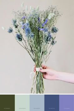 a person holding a bunch of flowers in front of a color palette with the colors blue and green