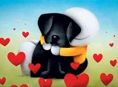 a painting of a dog with hearts around it