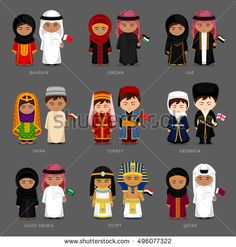 different people in traditional costumes from around the world, including men and women with headscarves