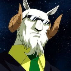 an anime character with horns and glasses looking at the sky in front of stars,