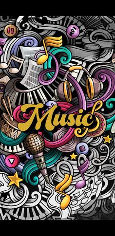 the word music is surrounded by doodles and musical instruments in this artistic drawing style