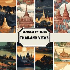 seamless patterns from thailand views in different styles and sizes, with the title below