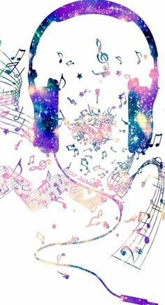 headphones with music notes and stars in the background