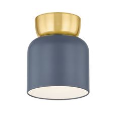 a blue and gold ceiling light on a white background with a circular light fixture in the middle