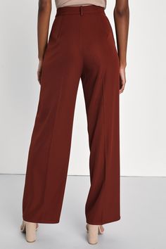 From work to happy hour, get down to business with the Lulus So Get This Rust Brown High-Waisted Wide-Leg Trouser Pants! Lightweight stretch-woven fabric shapes these pants with a high-rise waist, belt loops, and a hidden top clasp with a hidden zip fly. Two diagonal pockets accent wide pant legs that end at ankle-grazing hems. Fit: This garment fits true to size. Length: Ankle length. Size medium Inseam: 30.50 Front Rise: 13.00 Waist: Fitted - very fitted at natural waist. Hip: Loosely Fitted. 2 Piece Dresses, Colored Trousers, Ruffled Tops, Lulu Pants, Sequin Pencil Skirt, Brown Pants, Wide Pants, Pants Trousers, Trouser Pants